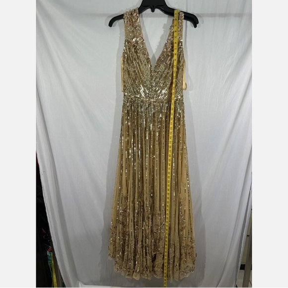 NEW $798 Mac Duggal [ 6‎ ] Sequin & Floral Embellished Evening Gown Gold - Picture 6 of 16